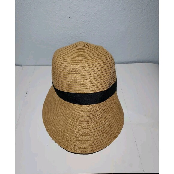 Scala Women's Handmade Braided Cloche Hat Straw Brown with Black Trim Adjustable - Picture 2 of 5